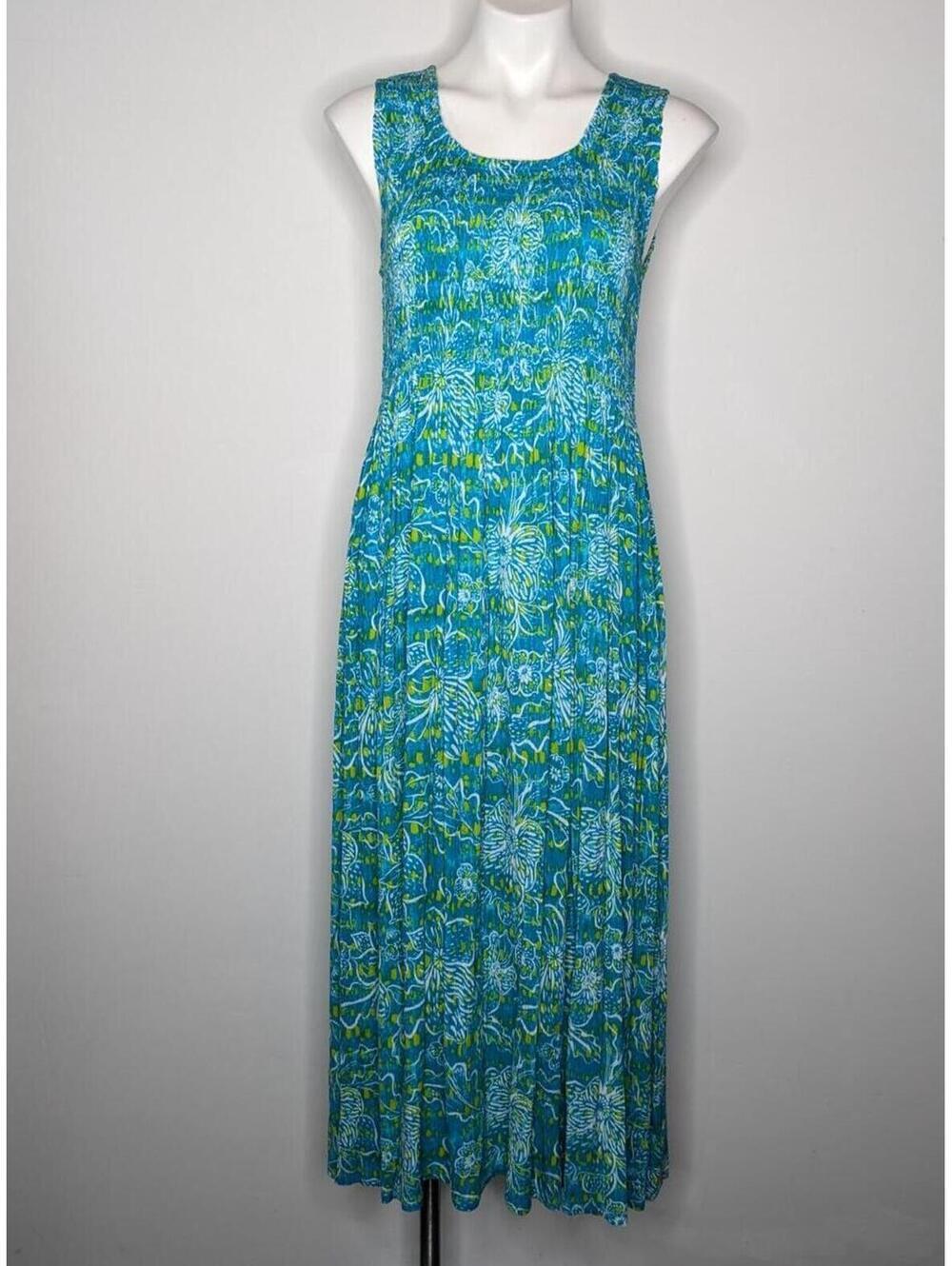 Kaktud Blue Green Smocked Floral Sleeveless Midi Summer Sun Dress M